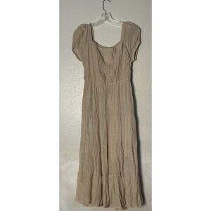 Indigo Rose Dress Cottagecore Peasant Puff Sleeve Flowy Lined Size M Beige